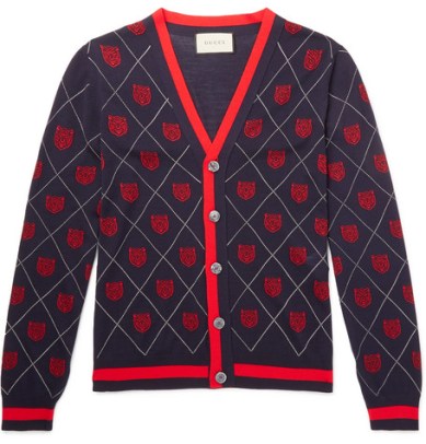 Slim-Fit Webbing-Trimmed Wool-Jacquard Cardigan Gucci